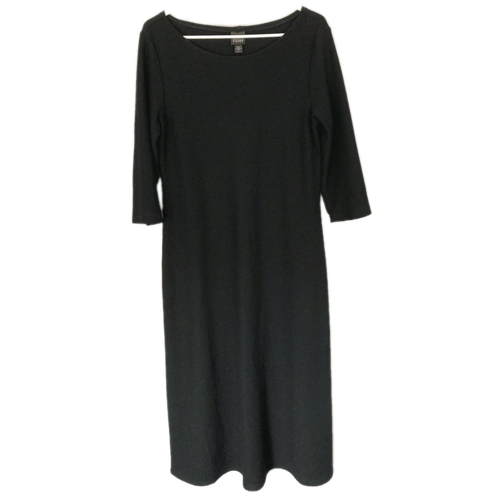 Eileen Fisher Sweater Dress Women S Blk 100% Wool Knit 3/4 Sleeve Boat Neck Midi